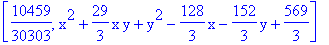 [10459/30303, x^2+29/3*x*y+y^2-128/3*x-152/3*y+569/3]